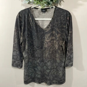 Trilllogy by Morning Sun 3/4 Sleeve Camo Style Cheetah Embellished Top L